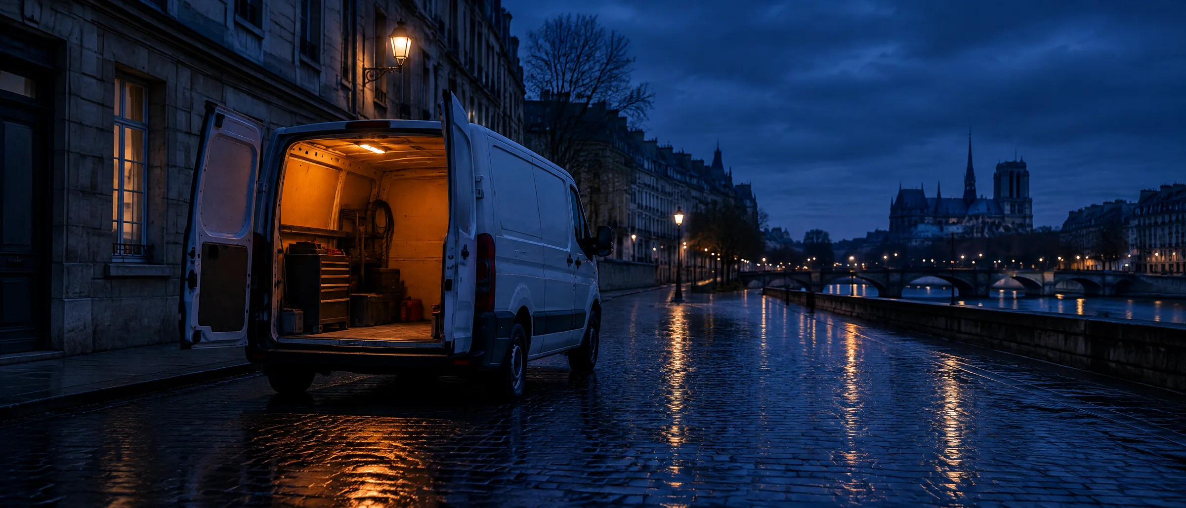 Un fourgon d’intervention stationné sur un quai mouillé à l’heure bleue.